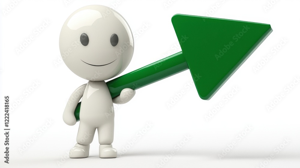 This image showcases a cheerful 3D figure with a broad smile holding a green upward arrow, representing positivity, growth, and a bright future in a simplified scene. This image showcases a cheerful 3D figure with a broad smile holding a green upward arrow, representing positivity, growth, and a bright future in a simplified scene.