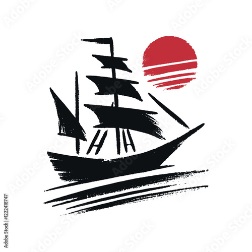 Vintage sailing ship illustration with a red sun in artistic brushstroke style style