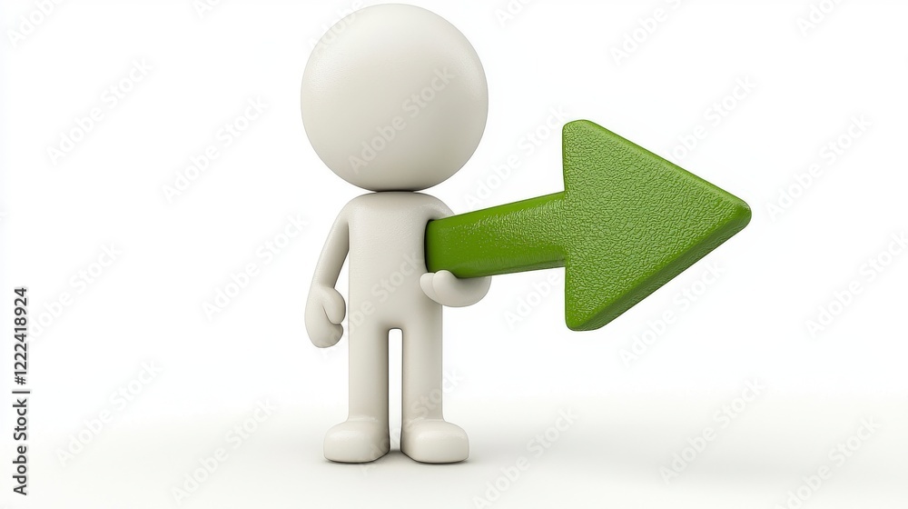A minimalistic character holds a green arrow pointing right, representing direction and decision-making in a clean and sleek artistic style for business usage.