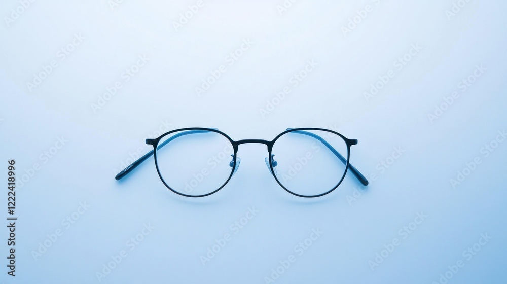 A pair of classic round eyeglasses with black frames resting on a light blue background