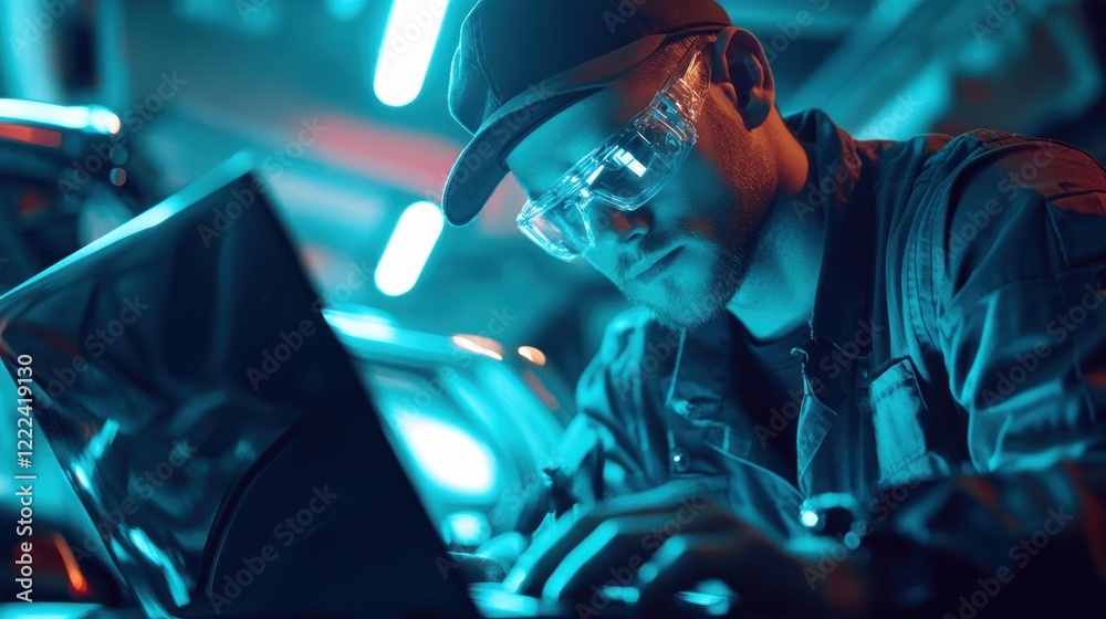 Mechanic using laptop in auto repair shop.