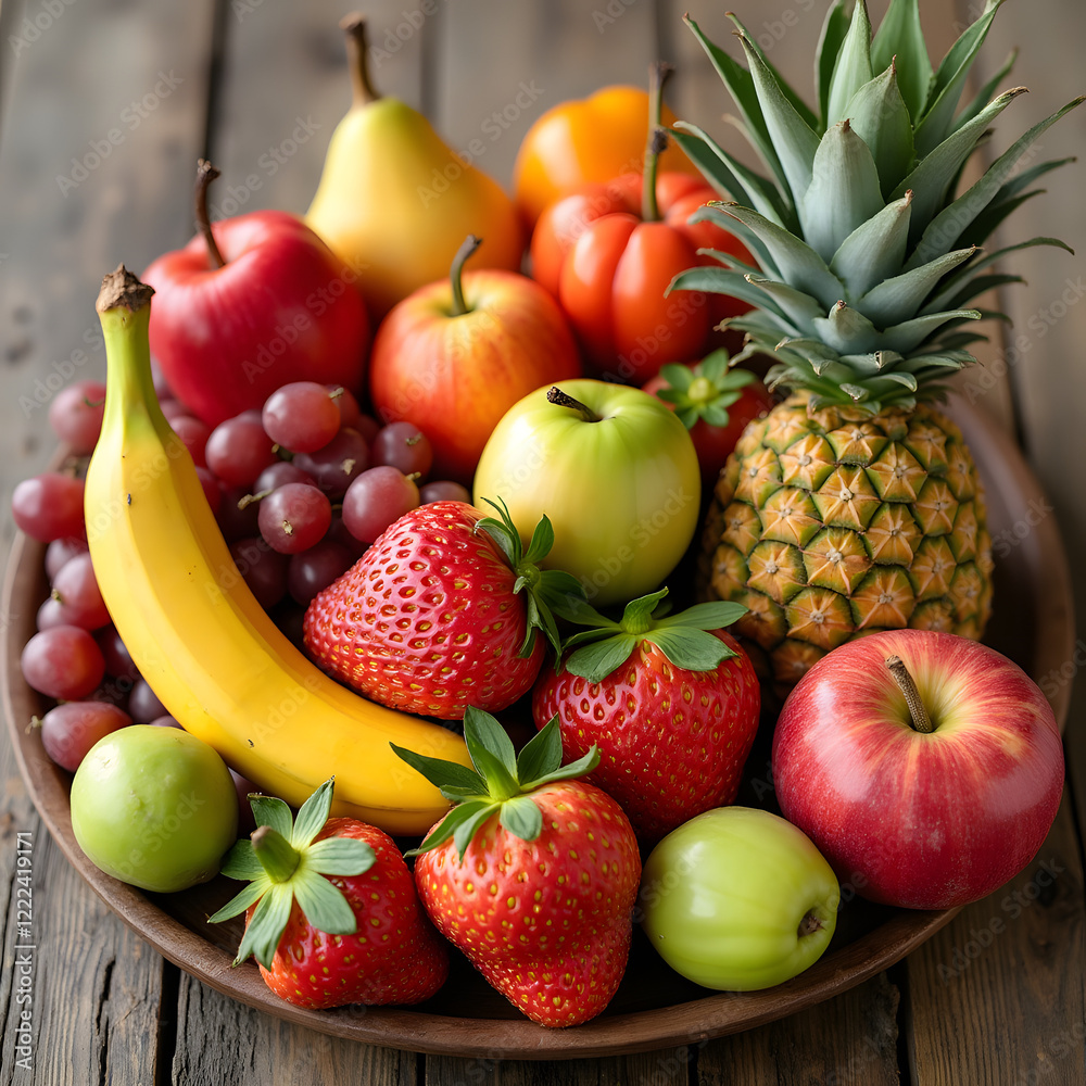 Assorted fresh fruits on wooden background for healthy eating. Assorted fresh fruits on wooden background for healthy eating.