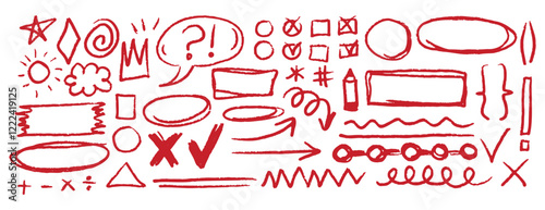 Red underline doodle pencil hand drawn elements set. Grunge line ellipses, punctuation marks, direction pointers, arrows, stars, question mark. 
