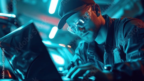 Obraz na płótnie Mechanic using laptop in auto repair shop. w salonie