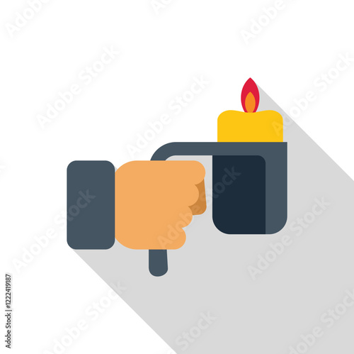 Hand holding a portable gas burner lighting a candle, flat design with long shadow