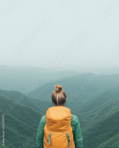 Eco-Adventure Journey Latina 32, in Vibrant Hiking Gear Amidst Misty Mountains - Outdoor Wellness Content and Sustainable Travel Promotion photo