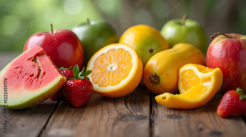 Assorted fresh fruits on wooden background for healthy eating. Assorted fresh fruits on wooden background for healthy eating.
