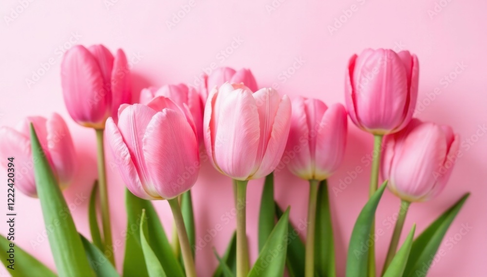Pink tulips with soft petals and golden centers on a light pink background, garden, botanical Pink tulips with soft petals and golden centers on a light pink background, garden, botanical