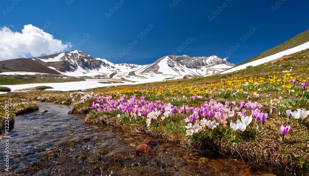 Fototapeta premium 青空の下で咲き乱れる高山植物、春の高原に広がる花畑と流れる小川 