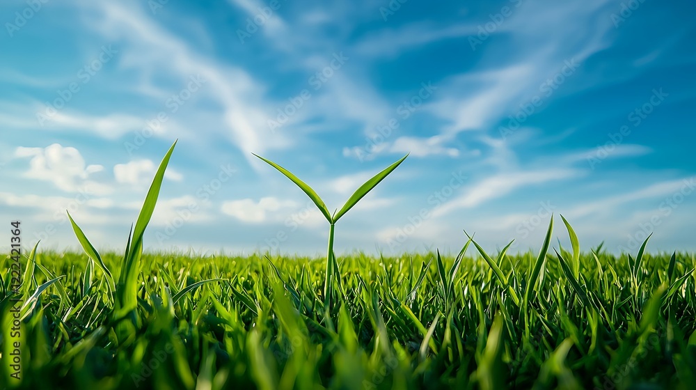 Obraz premium Green Grass with Young Sprout Under Bright Blue Sky and Clouds