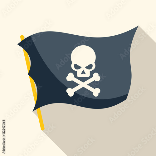 Black pirate flag with skull and crossbones waving, symbolizing maritime robbery, danger, and rebellion