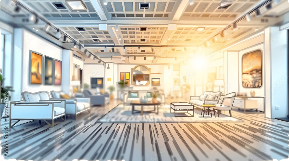 A color sketchnote depicts a blurred designer furniture showroom, evoking an ethereal and spiritual atmosphere with a soft glow. A color sketchnote depicts a blurred designer furniture showroom, evoking an ethereal and spiritual atmosphere with a soft glow.