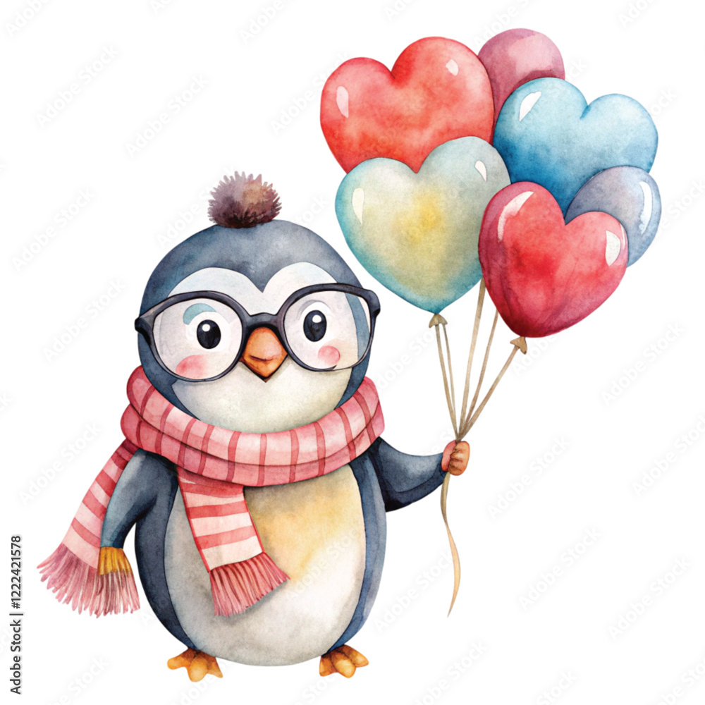 Fototapeta premium Cute penguin Heart Balloons Valentine's Day Clipart Watercolor 