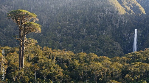 Majestic tree, waterfall backdrop, misty mountain, forest landscape, nature photography