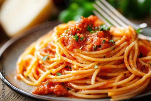 artisanal pasta dish composition, twirled spaghetti on vintage silver fork, rich tomato sauce, dramatic side lighting