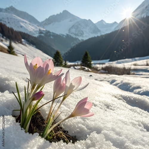Vibrant flowers emerging from the snow under a bright winter sun with mountains in the background