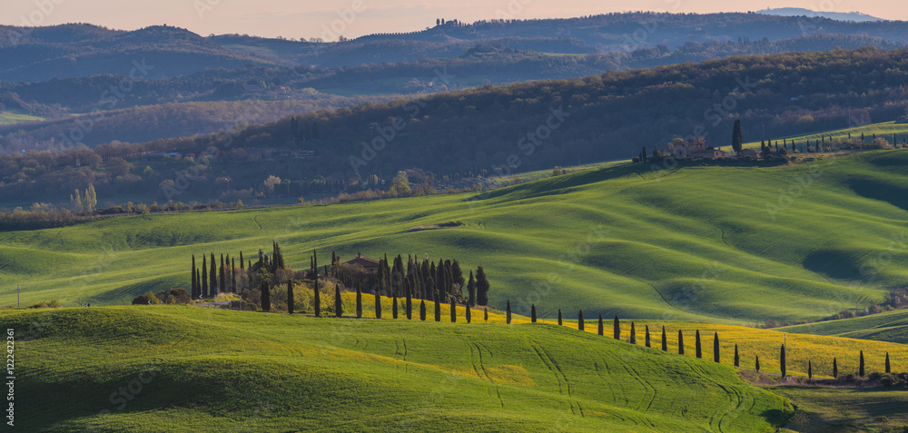 Italy,Tuscany-Val d'Orcia: rolling hills among vineyards and medieval villages