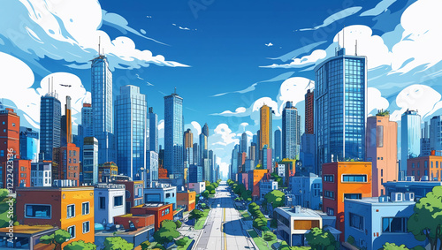 AI generative. Illustration 3d cartoon of cityscape with blue sky and white clouds, vertical building. 14