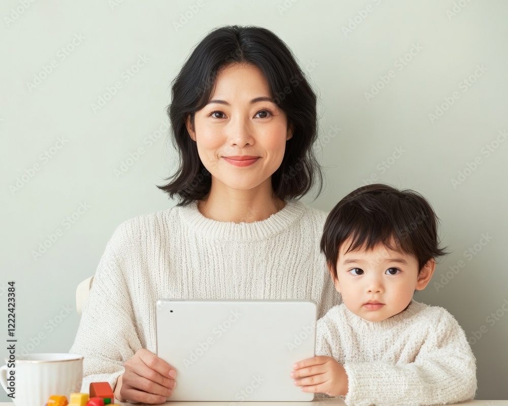 Modern Family Workspace Middle-Aged Asian Woman with Tablet in Minimalist Home Office - Remote Work Efficiency and Digital Parenting Solutions Modern Family Workspace Middle-Aged Asian Woman with Tablet in Minimalist Home Office - Remote Work Efficiency and Digital Parenting Solutions