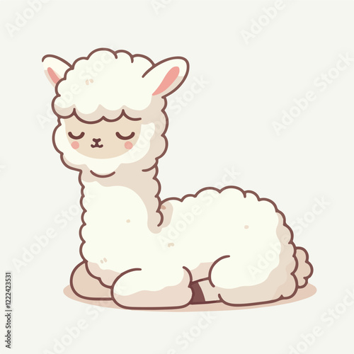 Sleepy Alpaca Illustration: A charming, cartoon alpaca with a fluffy white coat and pink ears rests peacefully with its eyes closed. The simple.