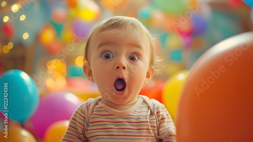 Baby expresses astonishment while surrounded by colorful balloons during a festive gathering