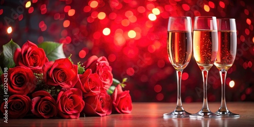 A Valentine's dinner: roses, champagne, exquisite glassware for a romantic evening.