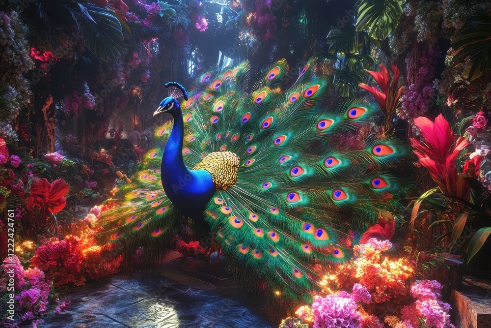 Obraz premium A colorful peacock is standing in a lush, tropical garden