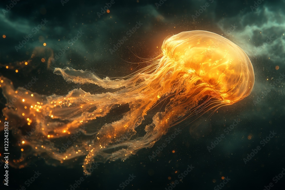 Naklejka premium Glowing jellyfish ocean deep dark fantasy art