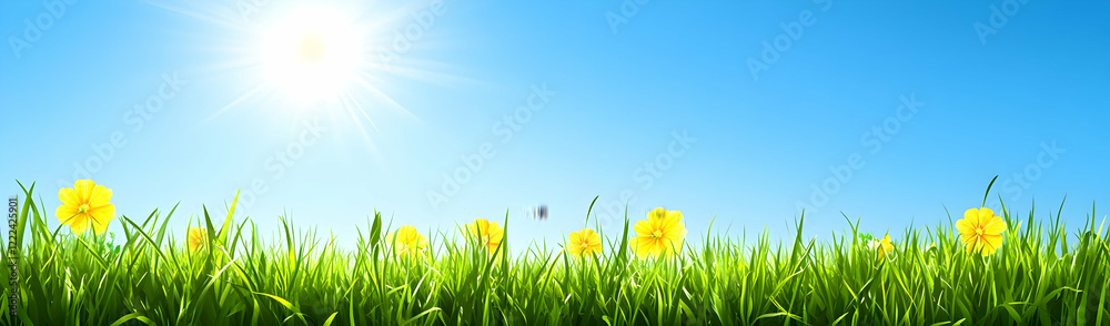 Sunny meadow, yellow flowers, blue sky, website banner Sunny meadow, yellow flowers, blue sky, website banner