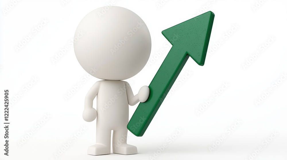 A simplistic 3D character holds an upward arrow, representing the essence of growth and ambition in an abstract style, showcasing modern design trends in minimalism. A simplistic 3D character holds an upward arrow, representing the essence of growth and ambition in an abstract style, showcasing modern design trends in minimalism.