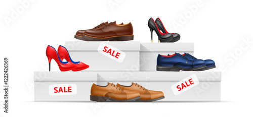 Boxes mens and womens shoes. Realistic male and female footwear, white box, sale labels, discount offer composition for advertising. Different elegance boots on packaging. Vector concept