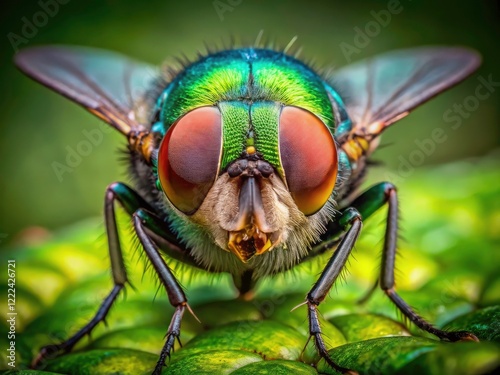 A vibrant green bottle fly, Chrysomya megacephala, captured in stunning macro detail with exceptional depth of field. photo