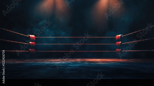 Empty professional boxing ring in the dark, illuminated spotlight. Sport background.