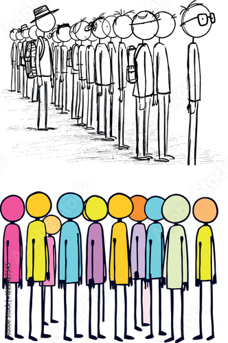 Tourists and colorful characters patiently waiting in line