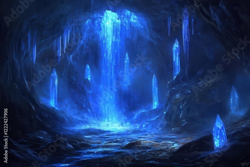 bioluminescent crystal cavern with cascading waterfalls, ethereal blue light, floating crystal shards, mystical underground landscape