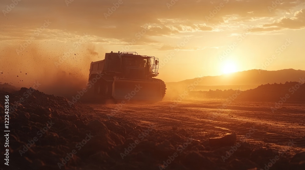 Fototapeta premium Powerful bulldozer moving earth and debris on a construction site during a vivid sunset, showcasing industrial machinery and rugged landscape.