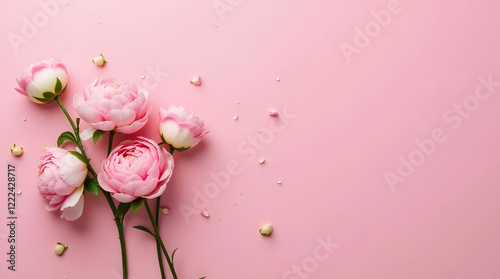 Luxurious pink peonies on a soft pink background.