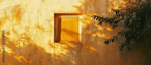 A sunlit wall casts playful shadows framing a wooden window, radiating warmth and rustic charm in a serene golden hour landscape.