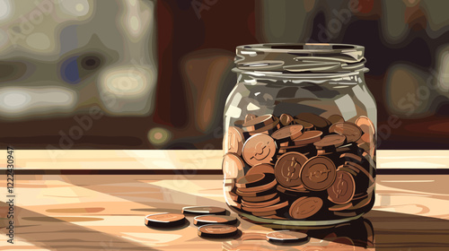 Gratuity Jar with Coins in Cafe Mirror Reflection, Highlighting Generosity and Appreciation in Service Industry