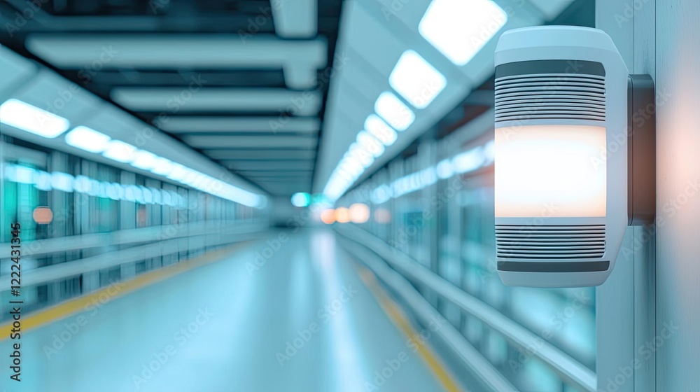 Naklejka premium Energy efficiency idea. A modern corridor illuminated by stylish wall lights, creating a sleek atmosphere.