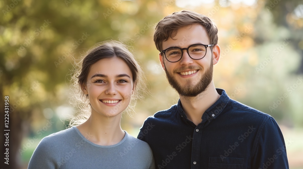 Fototapeta premium Couple strolling in a sunlit park, smiling warmly, surrounded by trees and dressed casually. AI generated