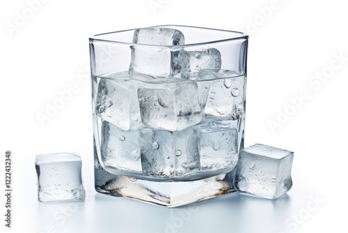 Copo suado com refrigerante com pedras de gelo glass ice white background. photo