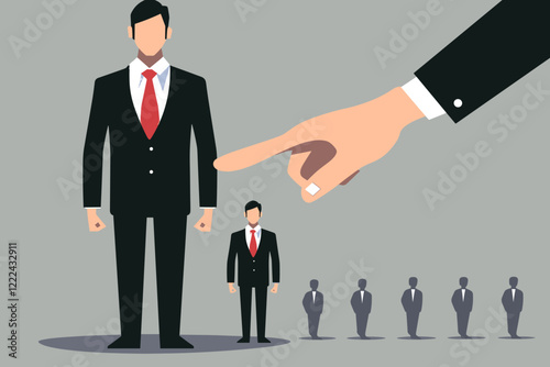 Hand selecting businessman icon for leadership and marketing strategy, recruitment concept, digital network, human resources