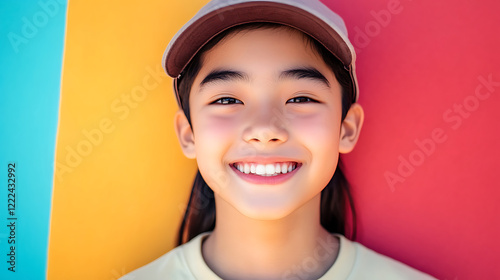 Close up headshot portrait of happy stylish cool female mode with beautiful wide smile wearing cap  photo