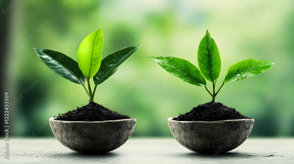 Two young green plants in small bowls on a soft-focus background Two young green plants in small bowls on a soft-focus background