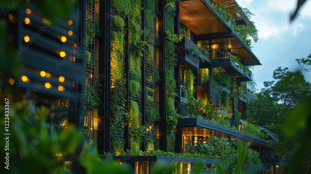 Fototapeta premium Energy efficiency idea. A modern, green building with lush vegetation and contemporary design elements.