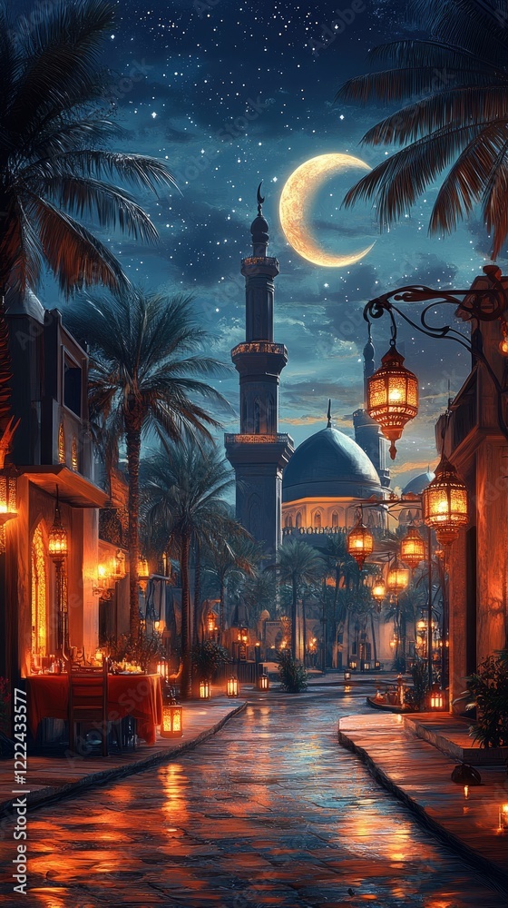 Fototapeta premium Pixel Art Night Scene Middle Eastern City Mosque Crescent Moon Lanterns