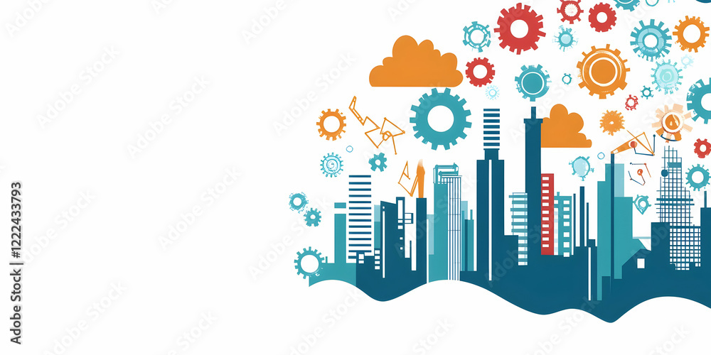 Fototapeta premium Cityscape Innovation Gears & Clouds