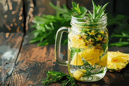 Healthy and vibrant pineapple detox water with fresh herbs in a mason jar on a rustic wooden table