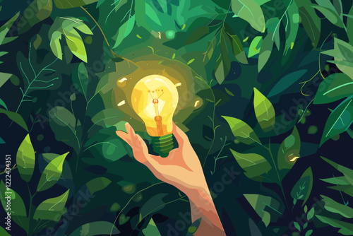 Human Hand Holding Glowing Light Bulb with Green Leaves Background